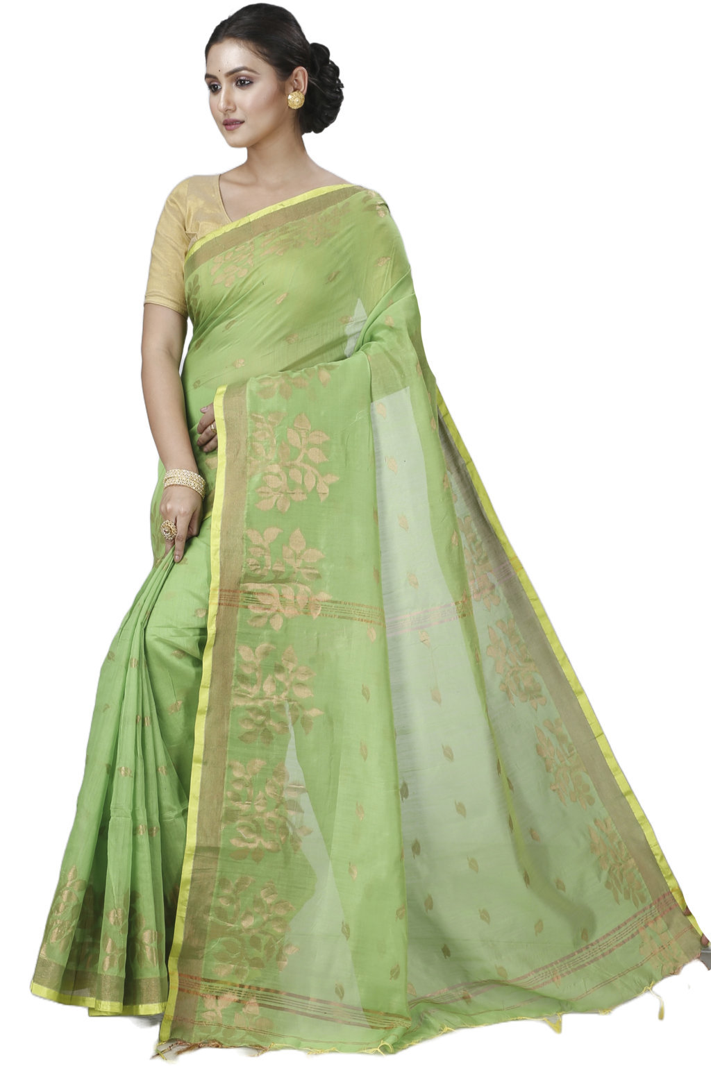 Green Blended Cotton Tina Hand Loom Saree (1215)